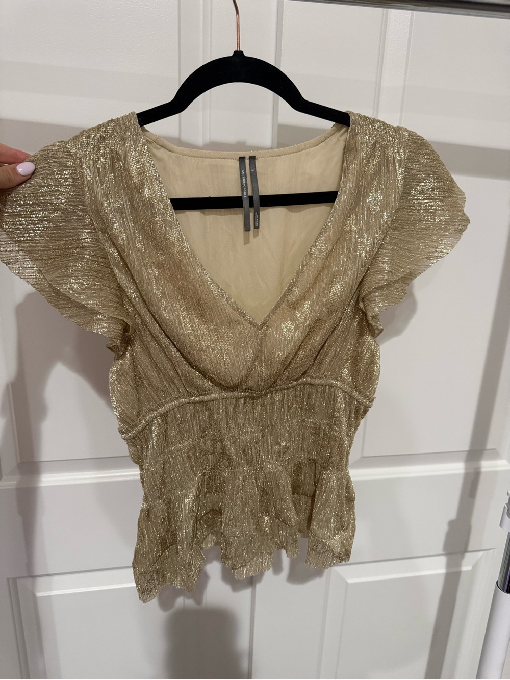 Anthropologie Shimmery Gold Flutter Sleeve Blouse